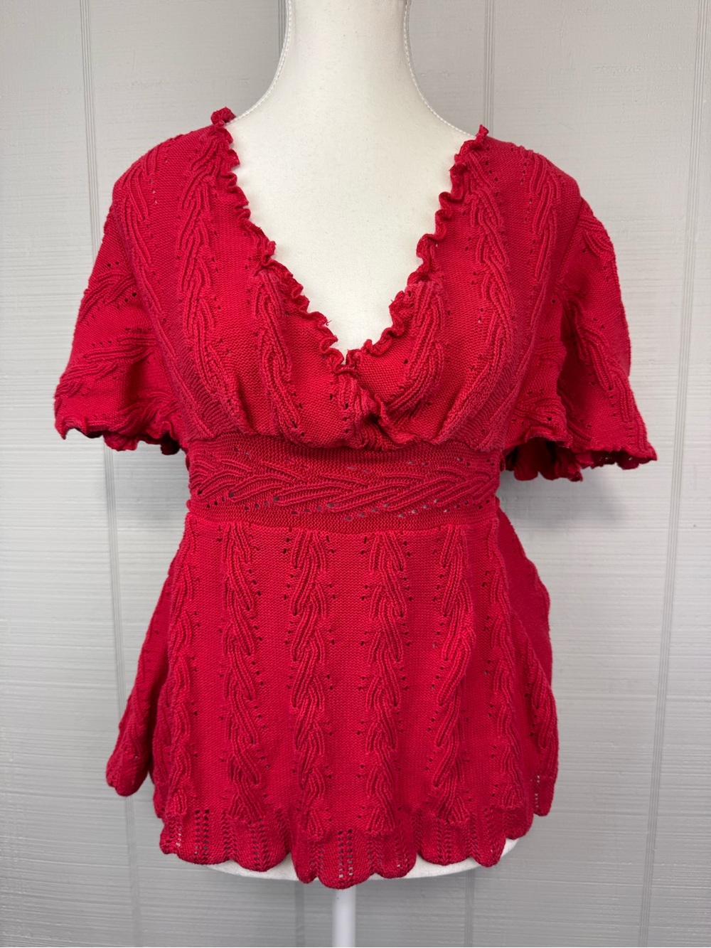 VTG For the Republic Red Cotton Knit Crochet Flutter Sleeve Top Tie Waist Y2K L